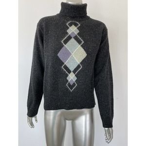 Valerie Stevens Argyle Sweater Women's Size Small Gray Wool Diamond Pullover